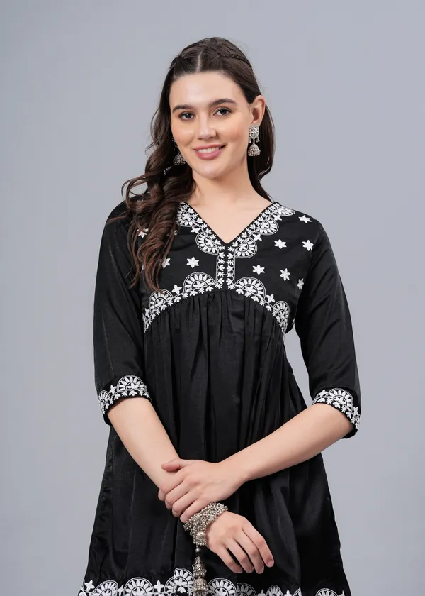 Black_Ethnic_Motifs_Printed_V-Neck_Embroidered_Top_For_Women