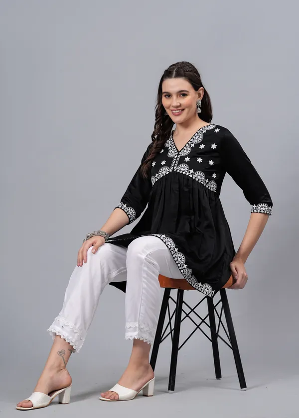 Black_Ethnic_Motifs_Printed_V-Neck_Embroidered_Top_For_Women