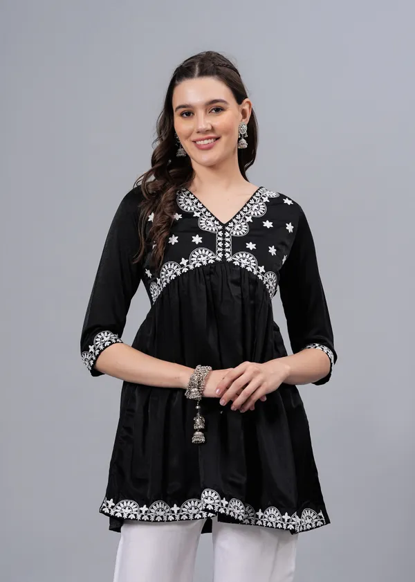 Black_Ethnic_Motifs_Printed_V-Neck_Embroidered_Top_For_Women