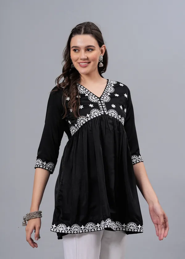 Black_Ethnic_Motifs_Printed_V-Neck_Embroidered_Top_For_Women