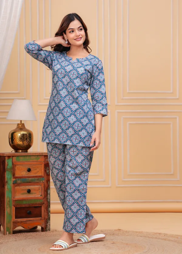Blue_Ethnic_Printed_Notch_Neck_Straight_Pure_Cotton_Kurti_With_Palazzo_For_Women
