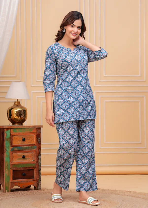 Blue_Ethnic_Printed_Notch_Neck_Straight_Pure_Cotton_Kurti_With_Palazzo_For_Women