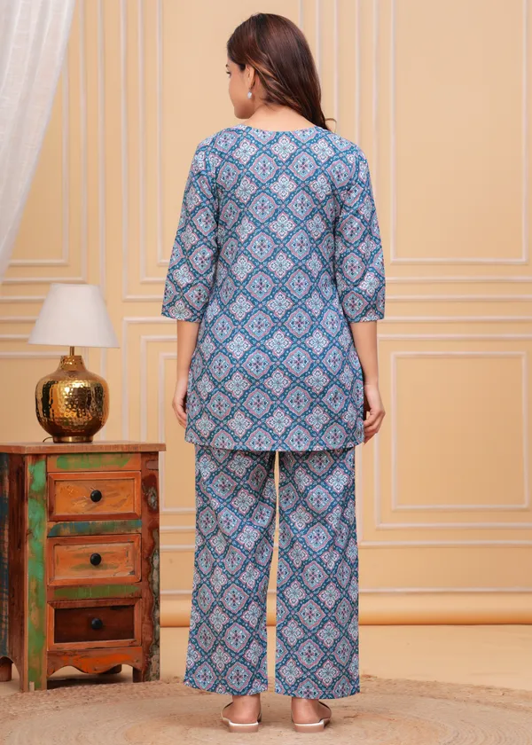 Blue_Ethnic_Printed_Notch_Neck_Straight_Pure_Cotton_Kurti_With_Palazzo_For_Women