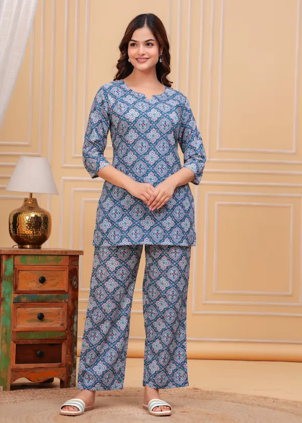 Blue_Ethnic_Printed_Notch_Neck_Straight_Pure_Cotton_Kurti_With_Palazzo_For_Women
