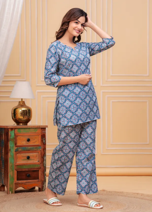 Blue_Ethnic_Printed_Notch_Neck_Straight_Pure_Cotton_Kurti_With_Palazzo_For_Women