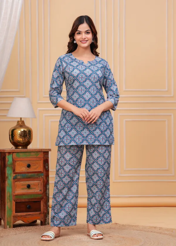 Blue_Ethnic_Printed_Notch_Neck_Straight_Pure_Cotton_Kurti_With_Palazzo_For_Women