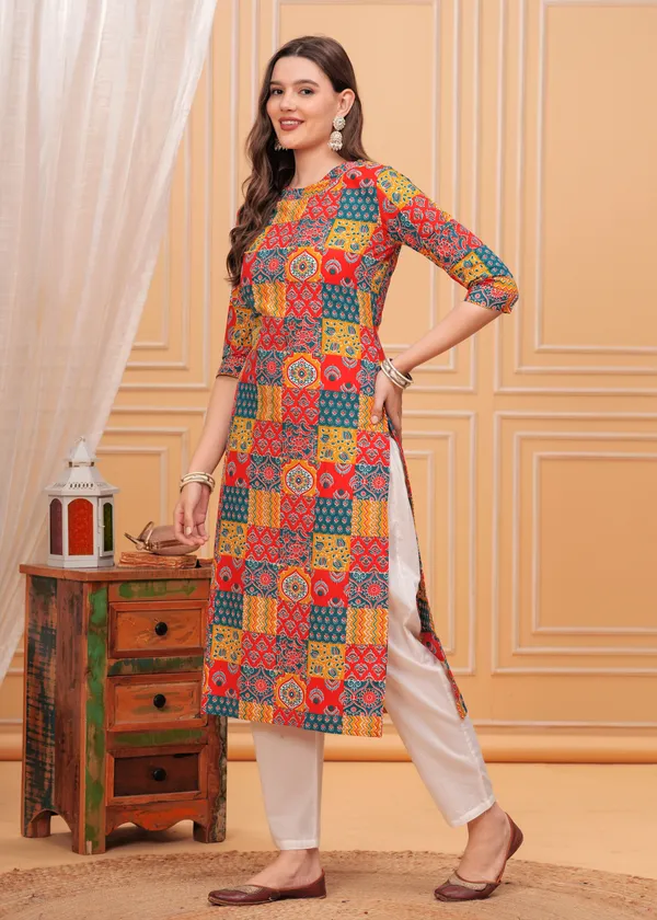 Orange_Ethnic_Motifs_Printed_Round_Neck_Straight_Cotton_Kurta_For_Women