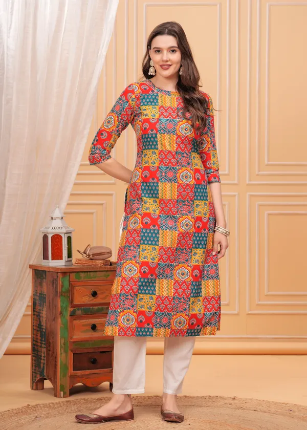 Orange_Ethnic_Motifs_Printed_Round_Neck_Straight_Cotton_Kurta_For_Women