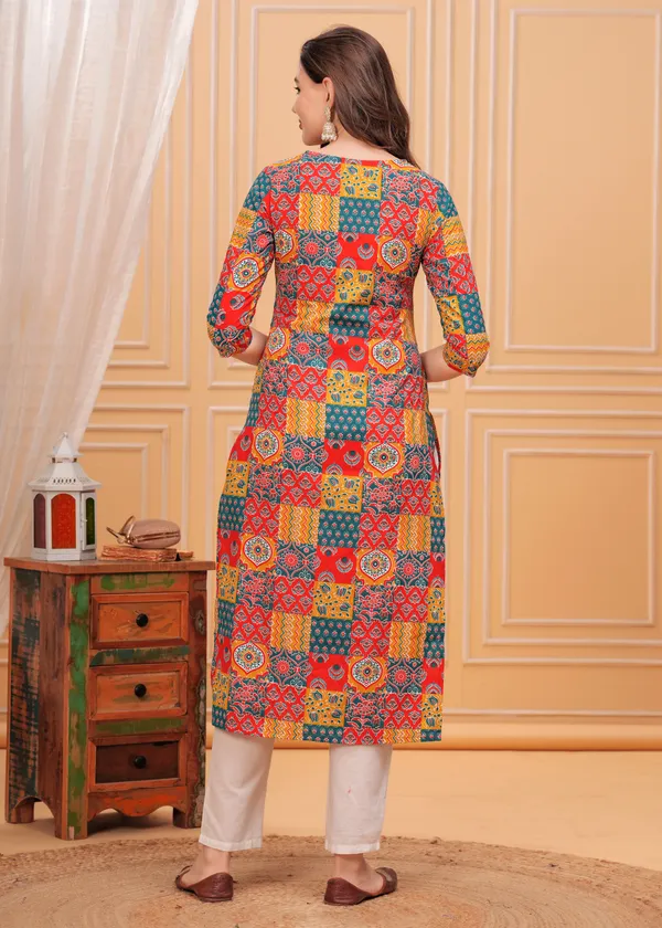Orange_Ethnic_Motifs_Printed_Round_Neck_Straight_Cotton_Kurta_For_Women