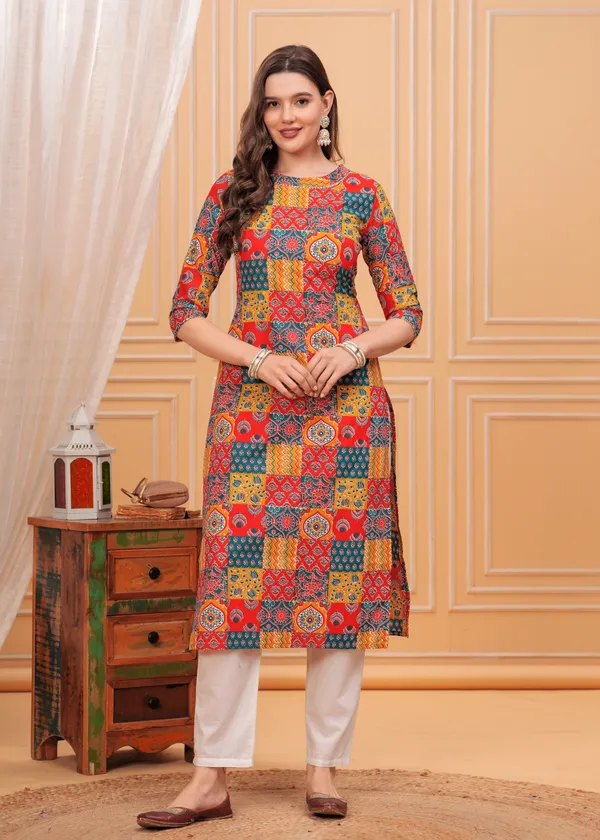 Orange_Ethnic_Motifs_Printed_Round_Neck_Straight_Cotton_Kurta_For_Women