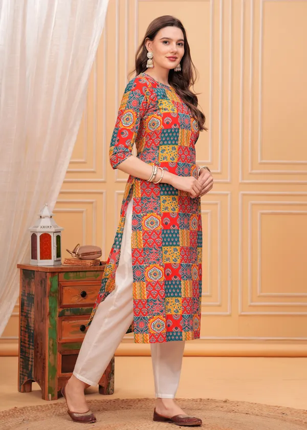Orange_Ethnic_Motifs_Printed_Round_Neck_Straight_Cotton_Kurta_For_Women