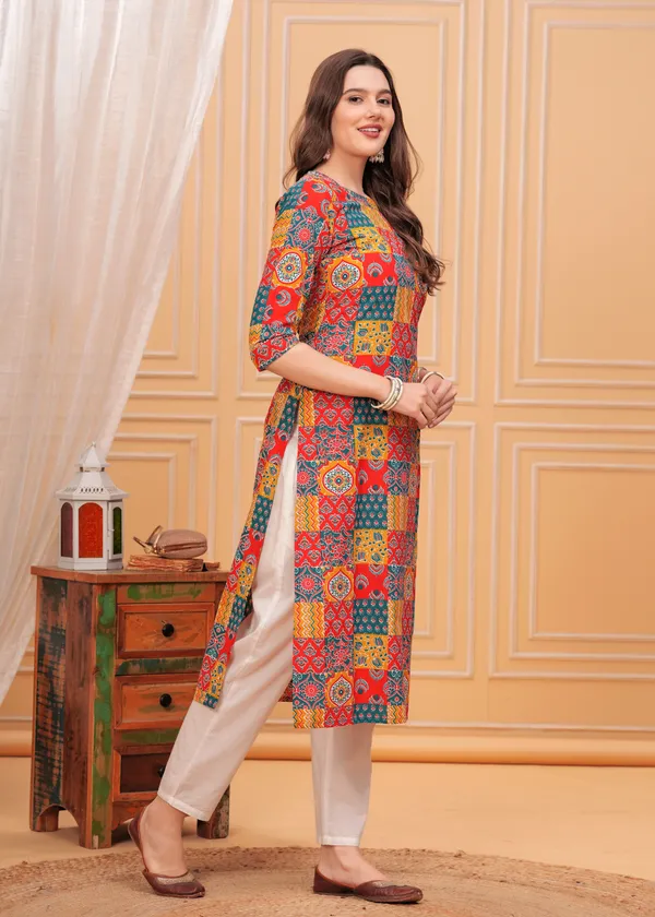 Orange_Ethnic_Motifs_Printed_Round_Neck_Straight_Cotton_Kurta_For_Women