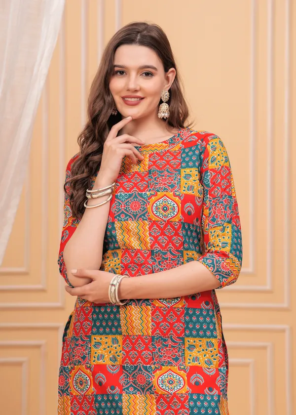 Orange_Ethnic_Motifs_Printed_Round_Neck_Straight_Cotton_Kurta_For_Women