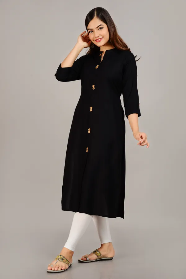 Black_Mandarin_Collar_Roll-Up_Sleeves_Straight_Kurta_For_Women
