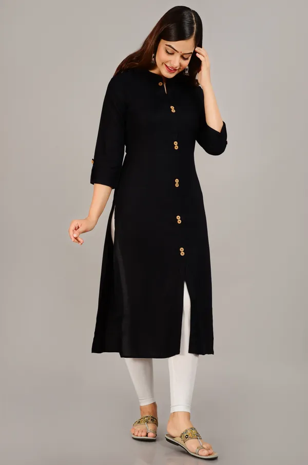 Black_Mandarin_Collar_Roll-Up_Sleeves_Straight_Kurta_For_Women