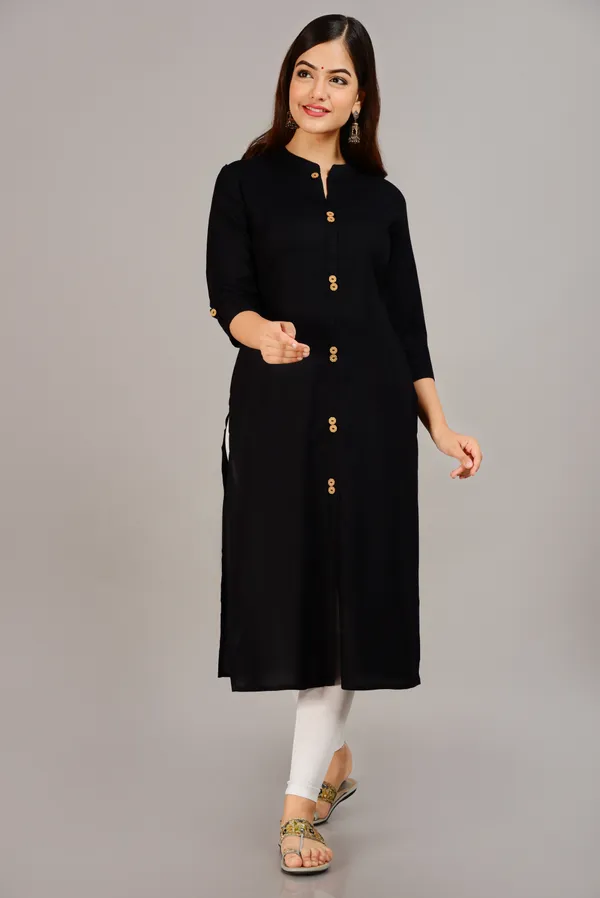 Black_Mandarin_Collar_Roll-Up_Sleeves_Straight_Kurta_For_Women