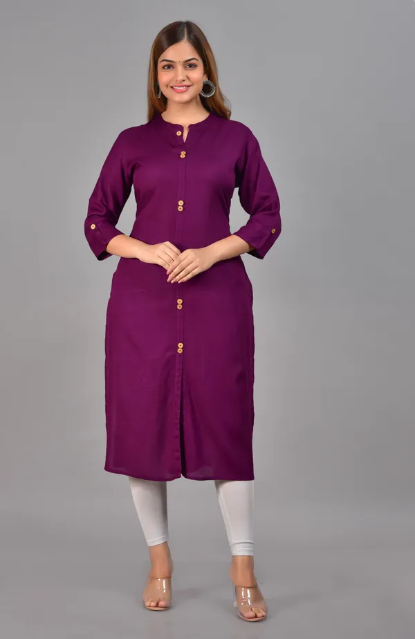 Purple_Mandarin_Collar_Roll-Up_Sleeves_Straight_Kurta_For_Women