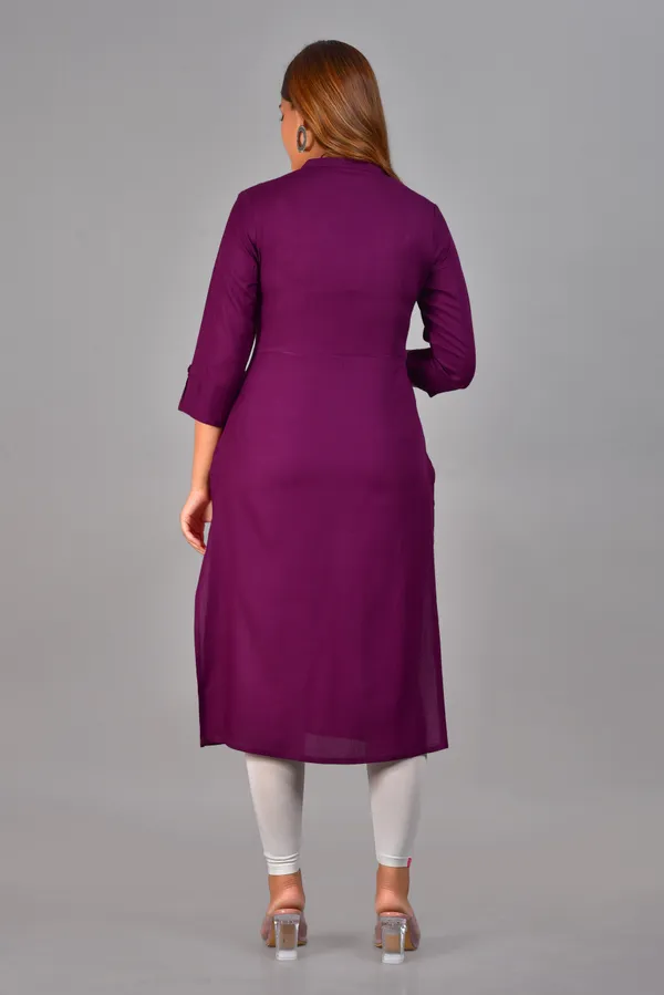Purple_Mandarin_Collar_Roll-Up_Sleeves_Straight_Kurta_For_Women