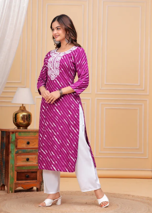 Purple_Leheriya_Printed_Embroidered_Mirror_Work_Straight_Kurta_With_Palazzo_For_Women