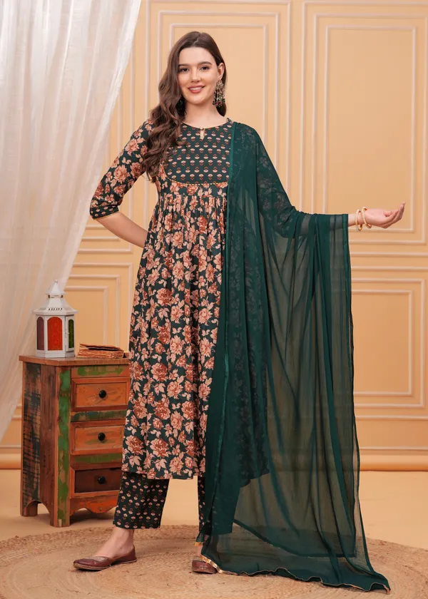 Green_Keyhole_Neck_Floral_Printed_Gotta_Patti_Pure_Cotton_Kurta_With_Trouser_&_Dupatta_For_Women