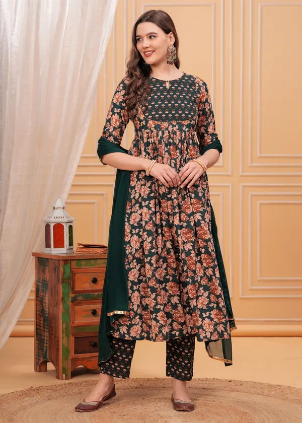 Green_Keyhole_Neck_Floral_Printed_Gotta_Patti_Pure_Cotton_Kurta_With_Trouser_&_Dupatta_For_Women