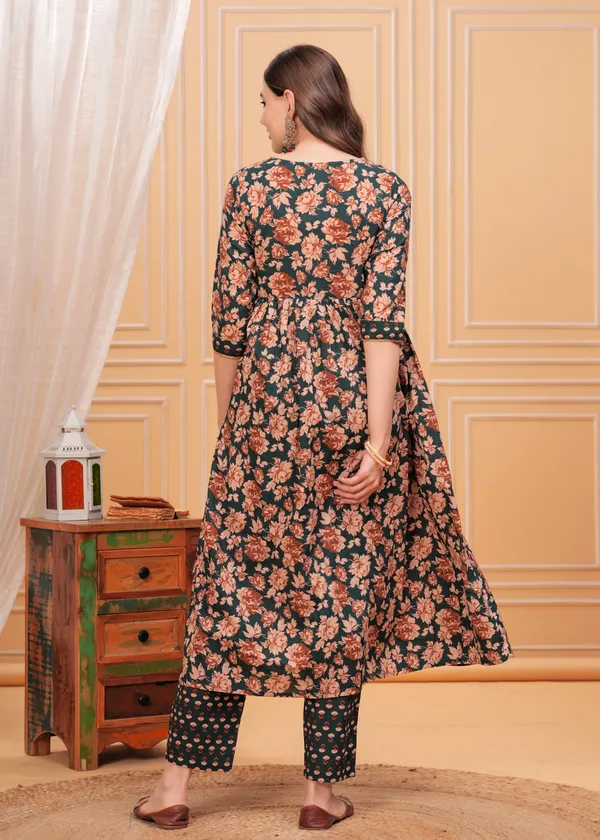 Green_Keyhole_Neck_Floral_Printed_Gotta_Patti_Pure_Cotton_Kurta_With_Trouser_&_Dupatta_For_Women