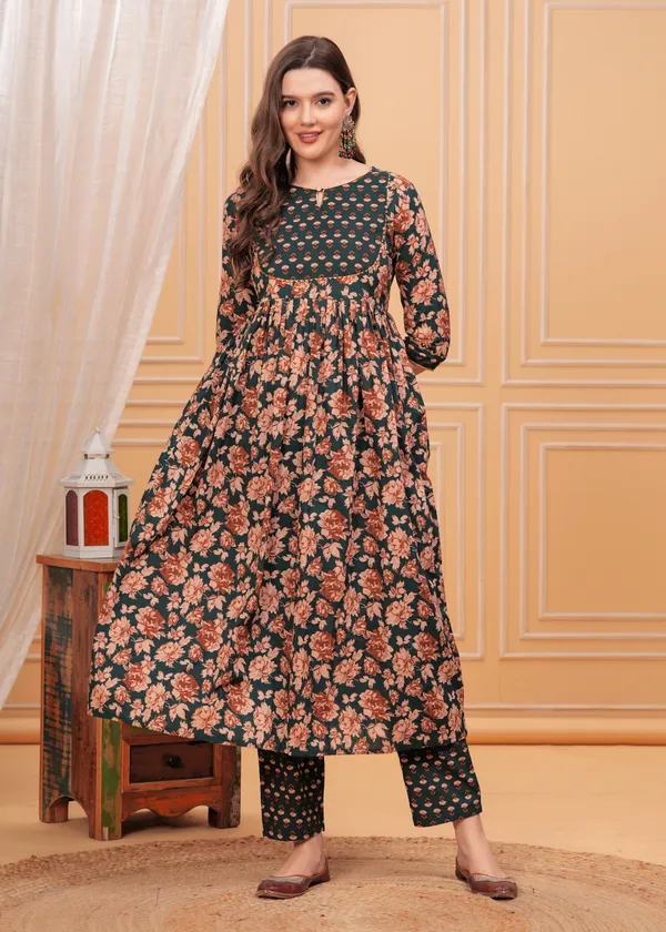 Green_Keyhole_Neck_Floral_Printed_Gotta_Patti_Pure_Cotton_Kurta_With_Trouser_&_Dupatta_For_Women