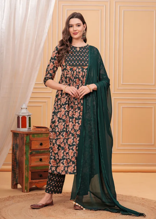 Green_Keyhole_Neck_Floral_Printed_Gotta_Patti_Pure_Cotton_Kurta_With_Trouser_&_Dupatta_For_Women
