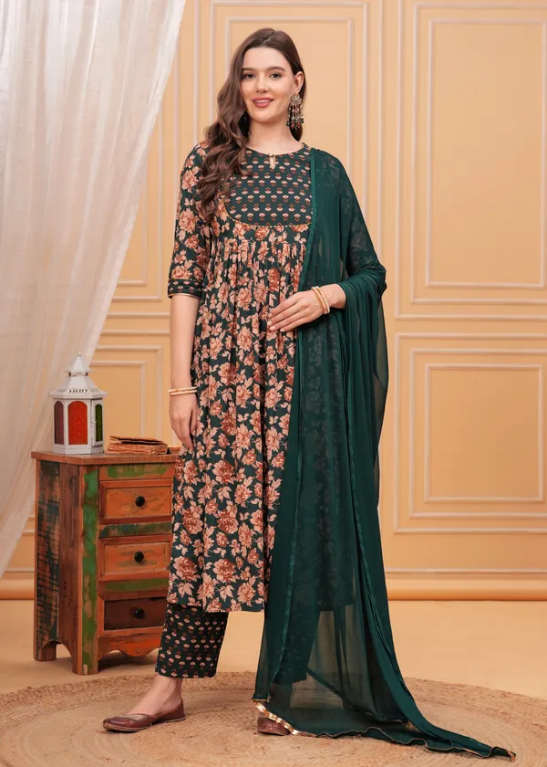 Green_Keyhole_Neck_Floral_Printed_Gotta_Patti_Pure_Cotton_Kurta_With_Trouser_&_Dupatta_For_Women