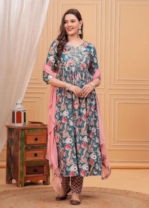 Sky_Floral_Printed_Thread_Work_Pleated_Pure_Cotton_Anarkali_Kurta_With_Trouser_&_Dupatta_For_Women