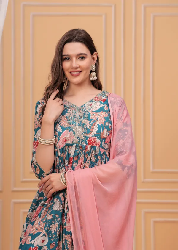 Sky_Floral_Printed_Thread_Work_Pleated_Pure_Cotton_Anarkali_Kurta_With_Trouser_&_Dupatta_For_Women