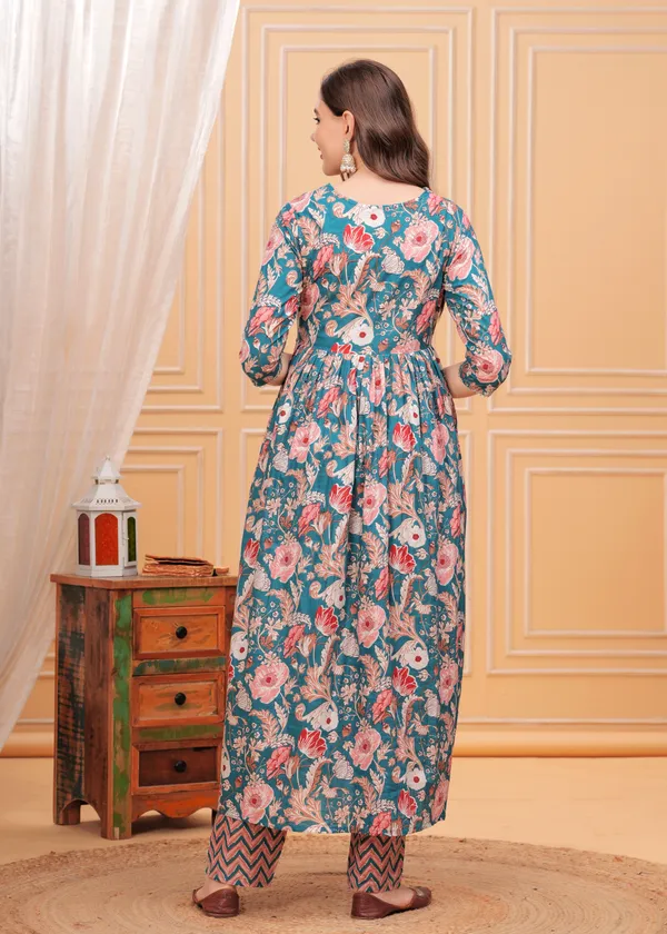 Sky_Floral_Printed_Thread_Work_Pleated_Pure_Cotton_Anarkali_Kurta_With_Trouser_&_Dupatta_For_Women