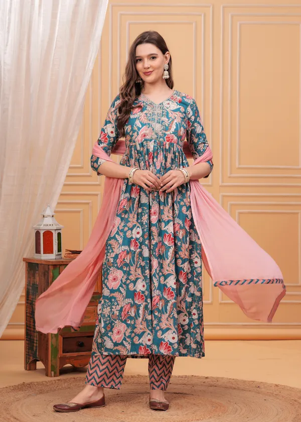 Sky_Floral_Printed_Thread_Work_Pleated_Pure_Cotton_Anarkali_Kurta_With_Trouser_&_Dupatta_For_Women