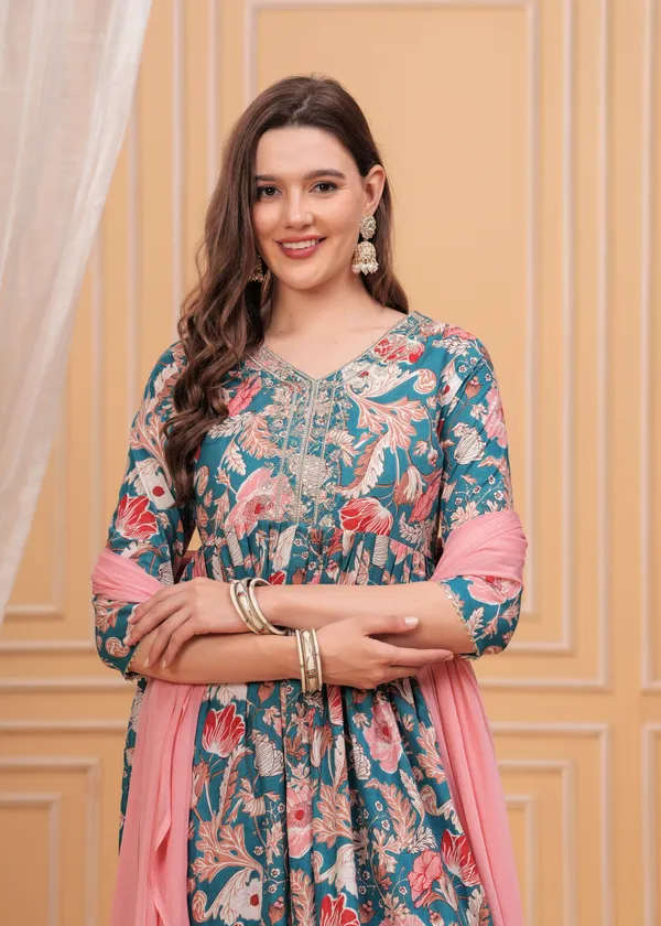 Sky_Floral_Printed_Thread_Work_Pleated_Pure_Cotton_Anarkali_Kurta_With_Trouser_&_Dupatta_For_Women
