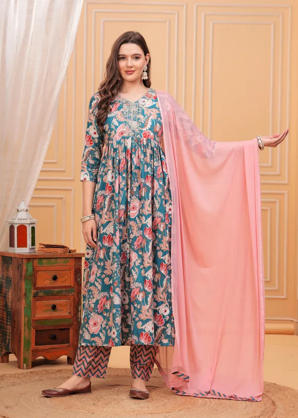 Sky_Floral_Printed_Thread_Work_Pleated_Pure_Cotton_Anarkali_Kurta_With_Trouser_&_Dupatta_For_Women
