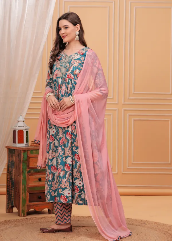 Sky_Floral_Printed_Thread_Work_Pleated_Pure_Cotton_Anarkali_Kurta_With_Trouser_&_Dupatta_For_Women