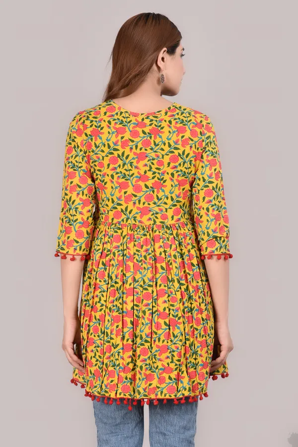 Yellow_Floral_Printed_Tie-Up_Neck_A-Line_Longline_Top_For_Women