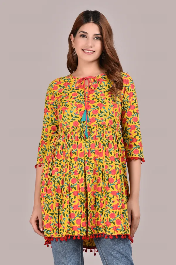 Yellow_Floral_Printed_Tie-Up_Neck_A-Line_Longline_Top_For_Women