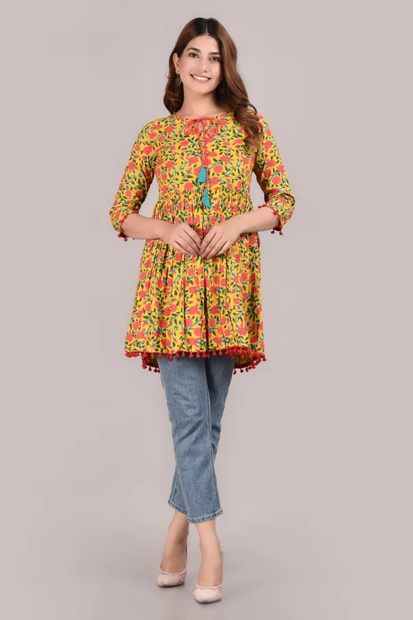 Yellow_Floral_Printed_Tie-Up_Neck_A-Line_Longline_Top_For_Women