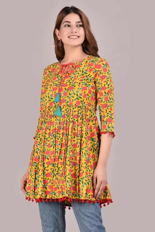 Yellow_Floral_Printed_Tie-Up_Neck_A-Line_Longline_Top_For_Women