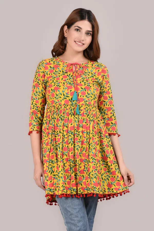 Yellow_Floral_Printed_Tie-Up_Neck_A-Line_Longline_Top_For_Women