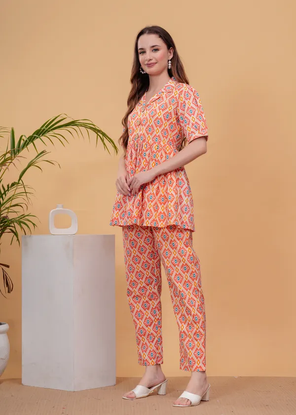 Peach_Printed_Tunic_With_Trousers_Co-Ords_For_Women