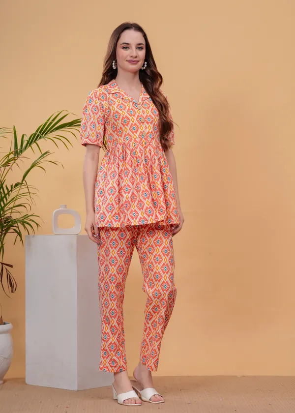 Peach_Printed_Tunic_With_Trousers_Co-Ords_For_Women