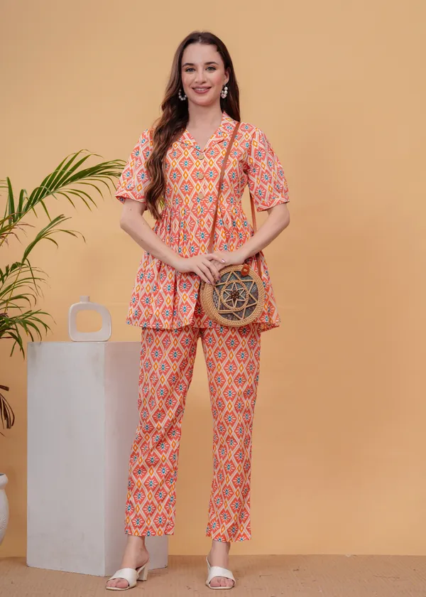 Peach_Printed_Tunic_With_Trousers_Co-Ords_For_Women