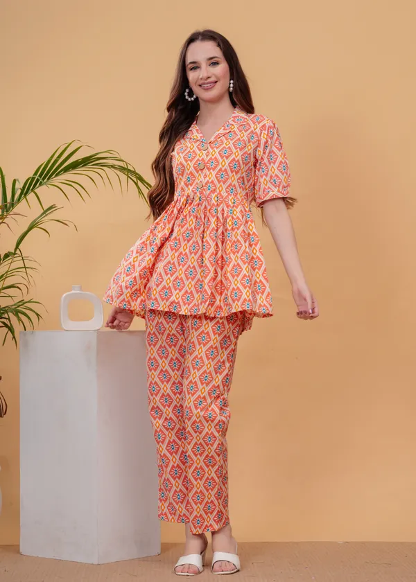 Peach_Printed_Tunic_With_Trousers_Co-Ords_For_Women