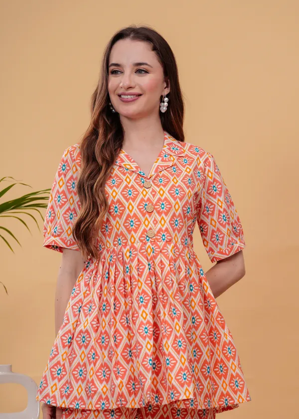 Peach_Printed_Tunic_With_Trousers_Co-Ords_For_Women