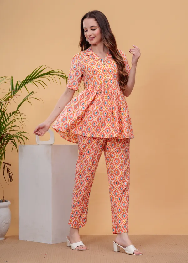 Peach_Printed_Tunic_With_Trousers_Co-Ords_For_Women