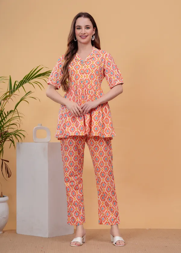 Peach_Printed_Tunic_With_Trousers_Co-Ords_For_Women