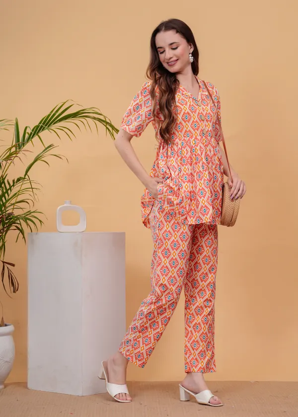 Peach_Printed_Tunic_With_Trousers_Co-Ords_For_Women