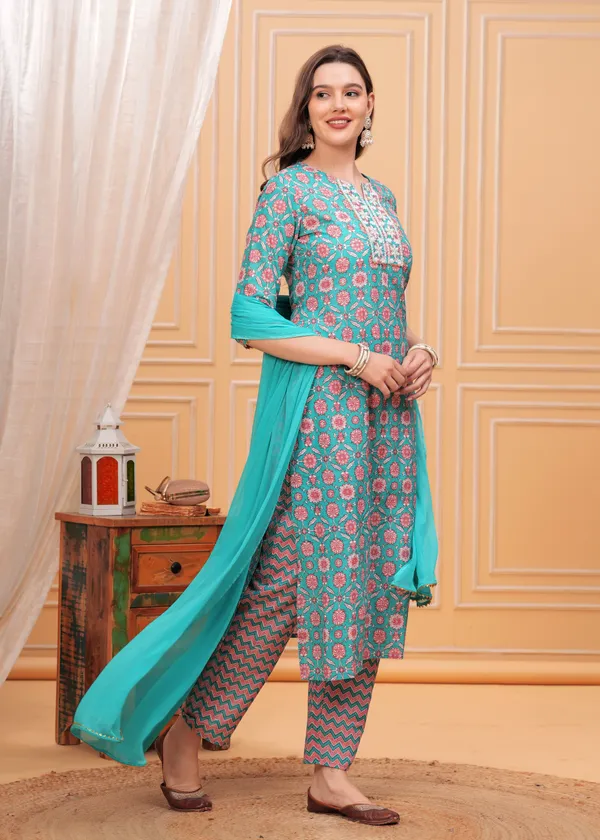 Sky_Floral_Printed_Notch_Neck_Thread_Work_Pure_Cotton_Kurta_With_Palazzos_&_Dupatta_For_Women